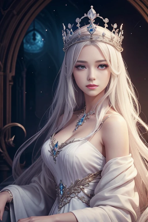 a beautiful girl with long white hair,detailed facial features, intense eyes, full lips, intricate hairstyle, delicate facial expression, elegant posture, mystical aura, detailed clothing, ethereal fantasy background, cinematic lighting, dreamy color palette, cinematic composition, (best quality,4k,8k,highres,masterpiece:1.2),ultra-detailed,(realistic,photorealistic,photo-realistic:1.37)