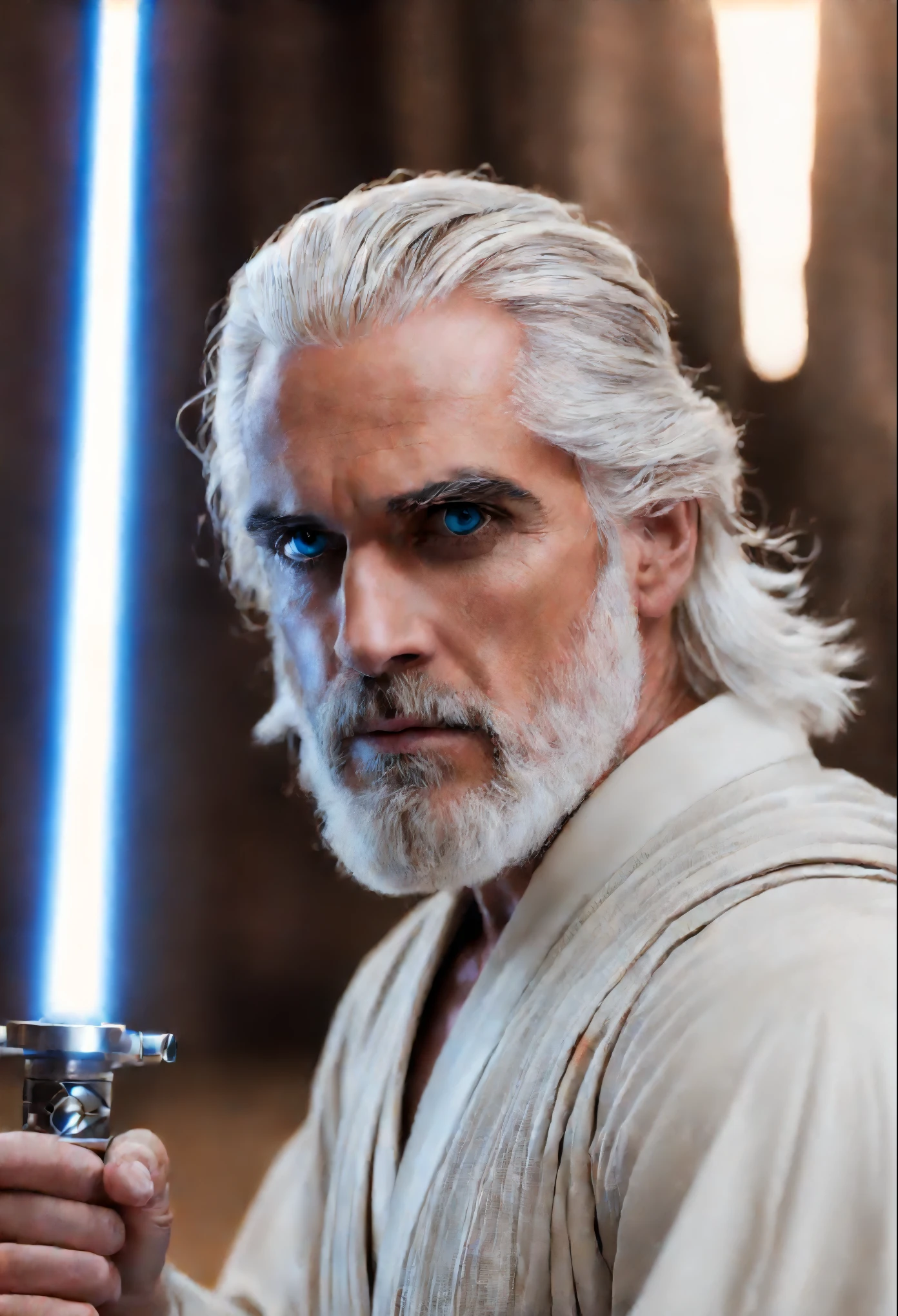 Seth Rollins as a Jedi Knight, focus on the details of the face, similar to seth rollins, bright light blue eyes, (((very bright clear eyes))), ((completely white hairs)), white short beard, curated beard, ((white eyebrows)), white body hair, wearing long beige tunic of Jedi knights from Star Wars, hypnotic eyes, realistic image, (light saber), bokeh background of the Jedi Council Hall, best quality, 8k, focus on the details, very detailed, long aperture, offering us his hand with 5 fingers open. pro photography. fix hands. cinematic pose. cool pose.