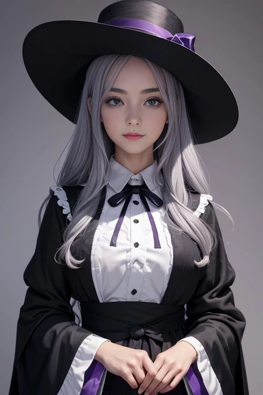 elaina_(majo_no_tabitabi), masterful, masterpiece, 4k,, 1girl, feminine, beautiful, a-cup, grey hair, big magical hat + black on the top and purple on the inside, blue eyes, white shirt, yellow ribbon, black robe,, kawaii, looking at viewer, slight smile, magical girl, background medieval Europe,