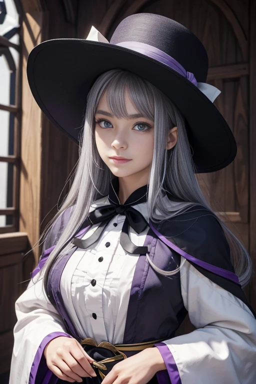 elaina_(majo_no_tabitabi), masterful, masterpiece, 4k,, 1girl, feminine, beautiful, a-cup, grey hair, big magical hat + black on the top and purple on the inside, blue eyes, white shirt, yellow ribbon, black robe,, kawaii, looking at viewer, slight smile, magical girl, background medieval Europe,