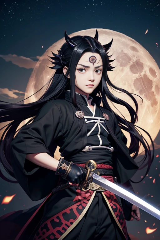 Anime character with long hair holding a sword in front of a full moon, cute face in Demon Slayer art, Kimetsu no Yaiba, inspired by Demon Slayer, Yoriichi Tsugikuni, Demon Slayer Artstyle, Demon Slayer anime image, Tanjiro Kamado
