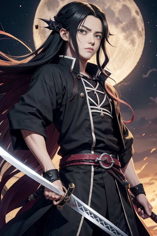 Anime character with long hair holding a sword in front of a full moon, cute face in Demon Slayer art, Kimetsu no Yaiba, inspired by Demon Slayer, Yoriichi Tsugikuni, Demon Slayer Artstyle, Demon Slayer anime image, Tanjiro Kamado
