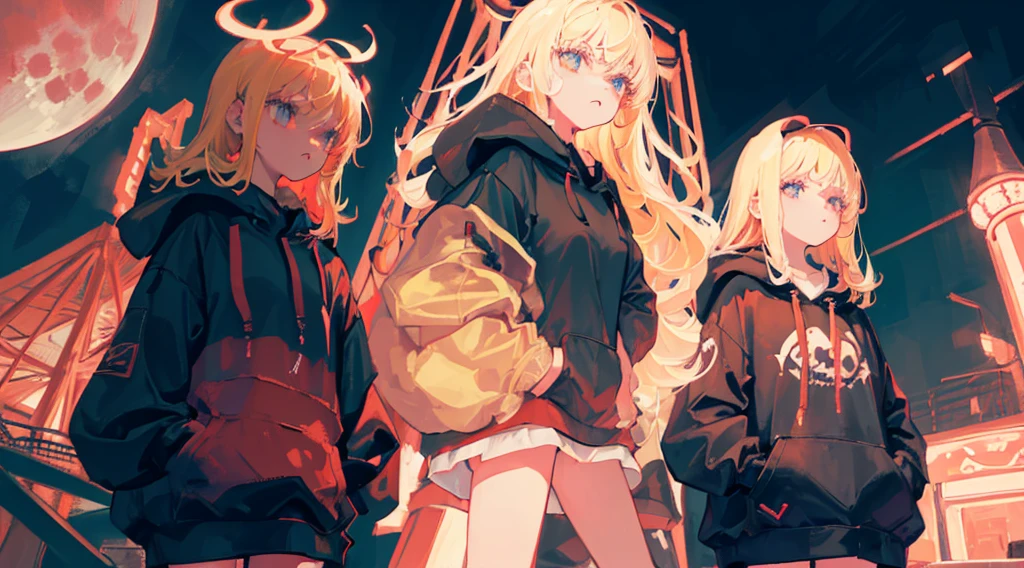 (3 girls, a girl wearing a hood, blonde hair, big black hoodie, hands on hoodie, bare legs), (abandoned amusement park, late night, red moon), (low contrast, flat color, limited palette)