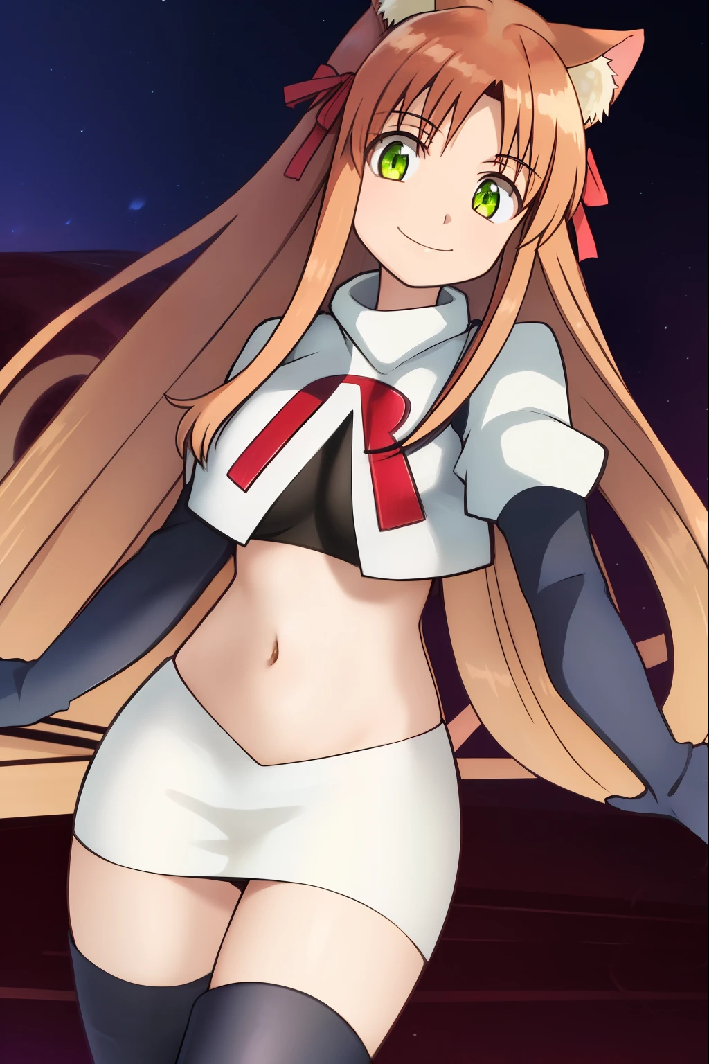 kanade, anime art style, 1girl, solo, long_hair, breasts, looking_at_viewer, smile, bangs, brown_hair, ribbon, animal_ears, very_long_hair, closed_mouth, green_eyes, hair_ribbon, cat_ears, red_ribbon, animal_ear_fluff, team rocket, team rocket uniform, red letter R, white skirt, white crop top, black thigh-high boots, black elbow gloves,