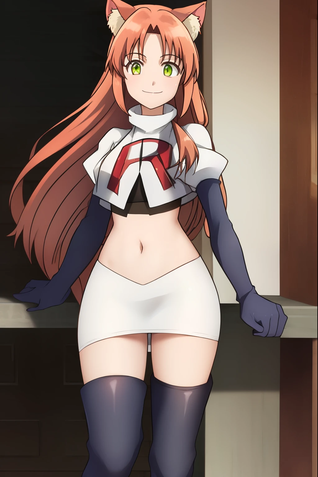 kanade, anime art style, 1girl, solo, long_hair, breasts, looking_at_viewer, smile, bangs, brown_hair, ribbon, animal_ears, very_long_hair, closed_mouth, green_eyes, hair_ribbon, cat_ears, red_ribbon, animal_ear_fluff, team rocket, team rocket uniform, red letter R, white skirt, white crop top, black thigh-high boots, black elbow gloves,