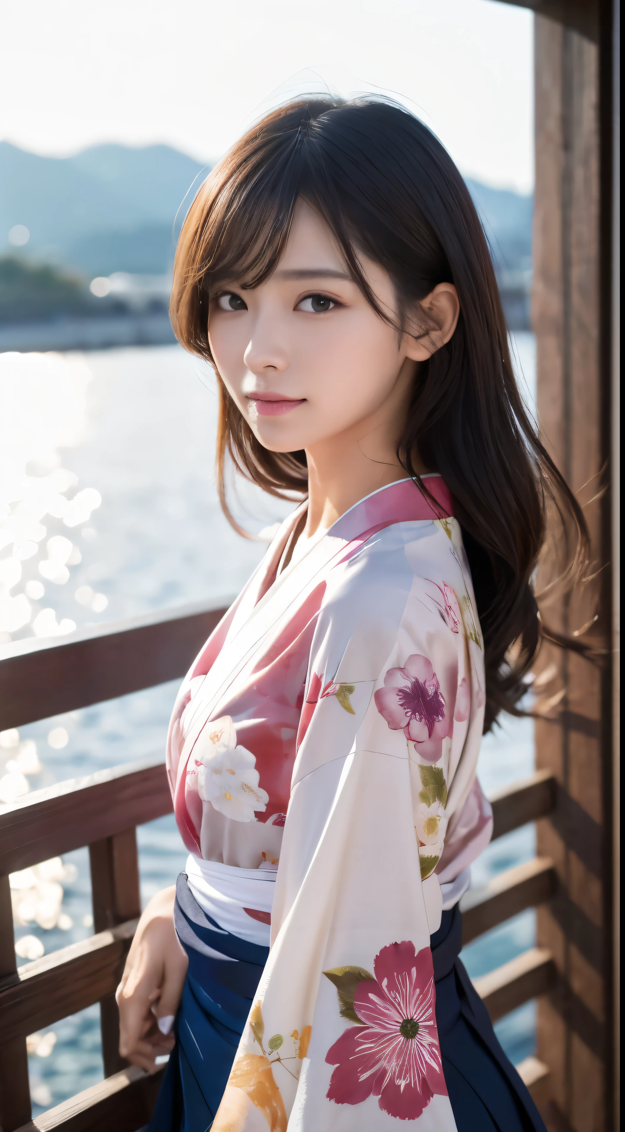 (Kimono)Pink floral kimono(top-quality,masterpiece:1.3,超A high resolution,),(ultra-detailliert,Caustics),(Photorealsitic:1.4,RAW shooting,)Ultra-realistic capture,A highly detailed,high-definition16Kfor human skin、 Skin texture is natural、、The skin looks healthy with an even tone、 Use natural light and color,One Woman,japanes,,kawaii,A dark-haired,Middle hair,(depth of fields、chromatic abberation、、Wide range of lighting、Nishinomiya Yacht Harbor,Under the sparkling sun,