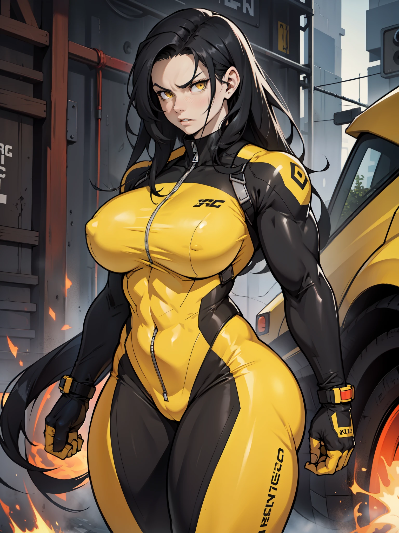 best quality best quality best quality black hair yellow eyes pale skin muscular huge greasts thick thighs angry solo extremely long hair girl body suit highly detailed highly detailed thick thick