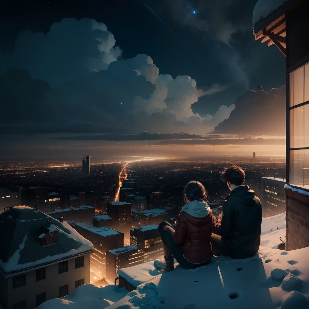 three girls and a boy are standing in front of a night sky, girls frontline universe, guweiz on pixiv artstation, girls frontline cg, 4 k manga wallpaper, artwork in the style of guweiz, best anime 4k konachan wallpaper, kantai collection style, guweiz on artstation pixiv, guweiz, girls frontline style