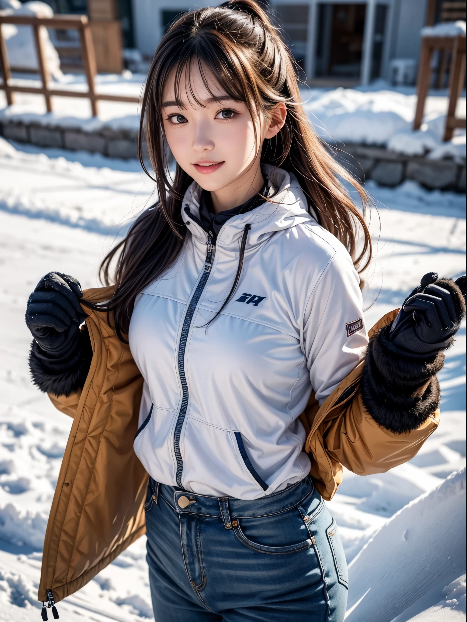 (8K,masutepiece, Raw photo,Best Quality:1.4),(photographrealistic:1.2),(extremely Detailed face),(Shiny skin),(Detailed skin),(Detailed face),(Extremely beautiful face), cute face, 1girl, Looking at Viewer,Japanese idol(actress), brown hair,Medium Hair,Straight hair,asymmetrical bangs,Smile,glamor,Large breasts, Wearing ski wear, ski pants and ski gloves, At the snowy ski resort,High Position,Natural lighting