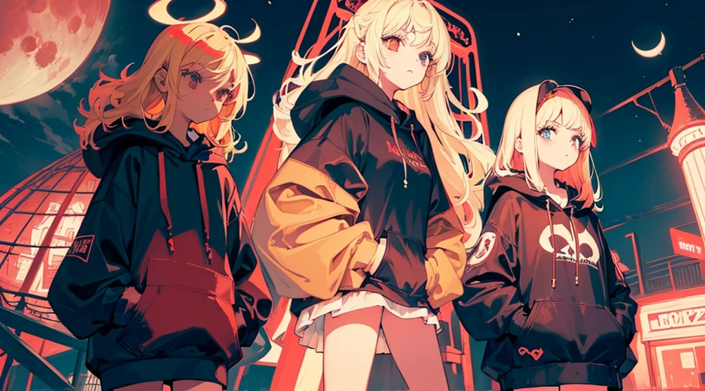 (3 girls, a girl wearing a hood, blonde hair, big black hoodie, hands on hoodie, bare legs), (abandoned amusement park, late night, red moon), (low contrast, flat color, limited palette)