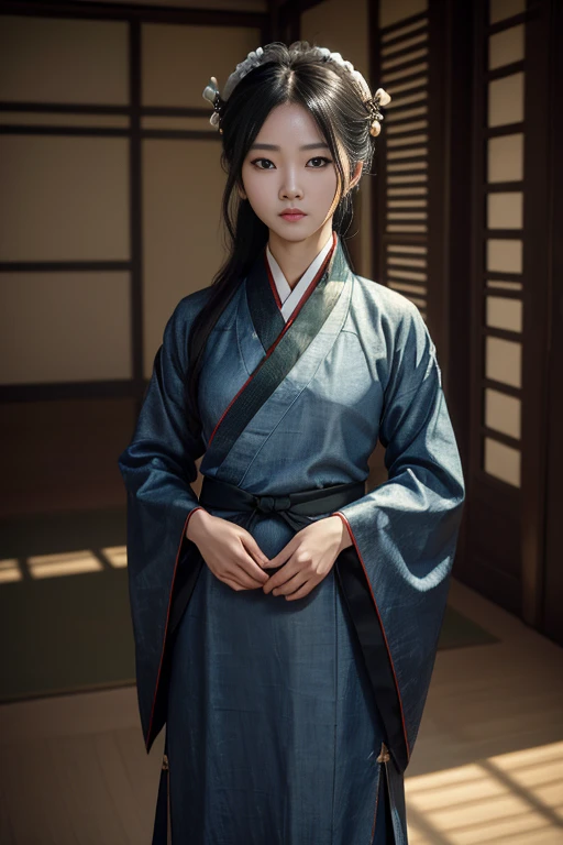 (Fidelity: 1.4), ((Black Hanfu)), Big Sleeves, Small Rings, Kan Tashi, Mole Under Eyes, Denim Lens, Bokeh, Perspective Shortening, Negative Space, Chiaroscuro, Depth of Field, Ray Tracing, Masterpiece, Anatomically Correct, Textured Skin, Best Quality, 8K, Ultra HD, Ccurate