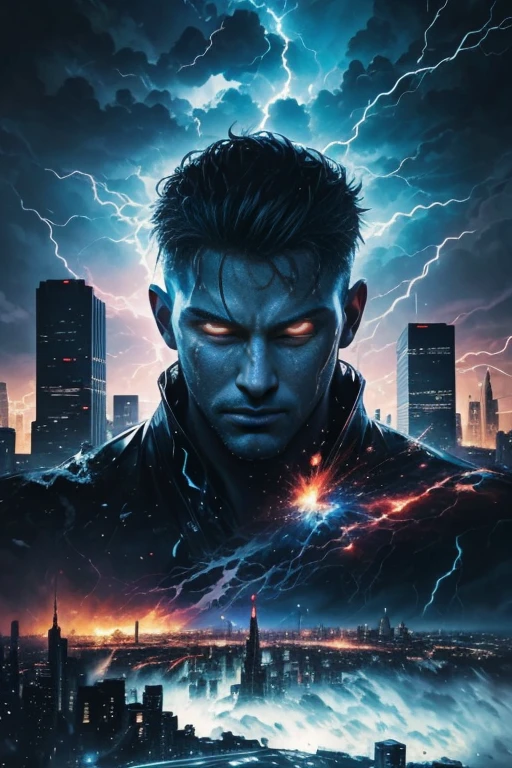 abstract face in a city landscape, a photorealistic painting by Mark English , [:anime line art:0.2], celestial and Heat and Thunder and Water themed, epic splash art , auto-destructive art, , abstract