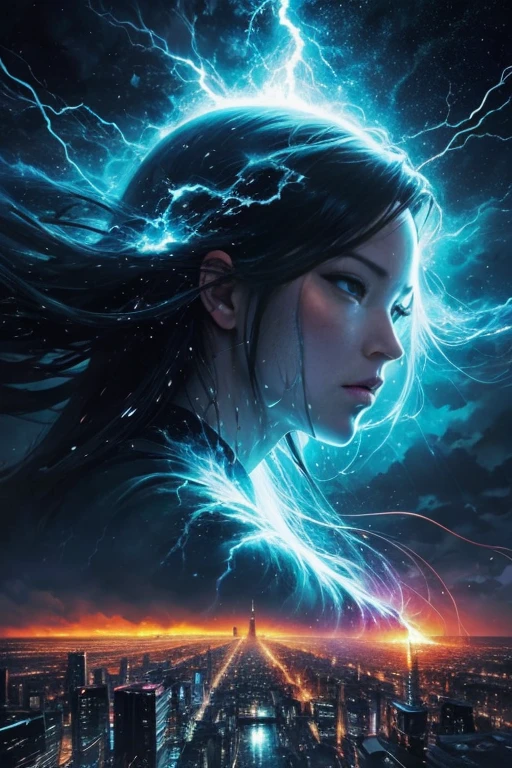abstract face in a city landscape, a photorealistic painting by Mark English , [:anime line art:0.2], celestial and Heat and Thunder and Water themed, epic splash art , auto-destructive art, , abstract