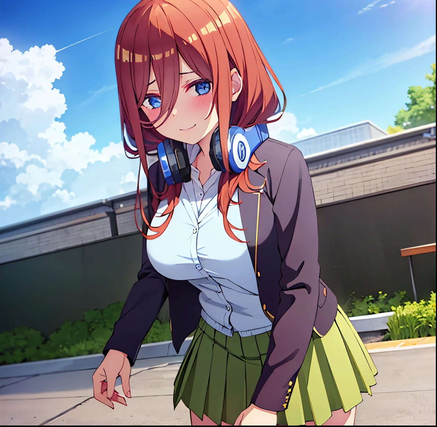 (masterpiece),(intricate details),1girl,alonemature female,huge breasts
BREAK
mikunakano, miku nakano, long hair, bangs, blue eyes, brown hair, shirt, hair between eyes, headphones, cardigan, headphones around neck, BREAK skirt, shirt, long sleeves, white shirt, pantyhose, pleated skirt, black pantyhose, cardigan, green skirt, blue cardigan,
pantyhose,high heels,depth of field,looking at viewer,random view,((standing on the , Swimming_pool,)),((upper body)),polka dot panties,smile
BREAK
day,sun,rainbow,bus stop,((cumulonimbus)),from below:1.2,