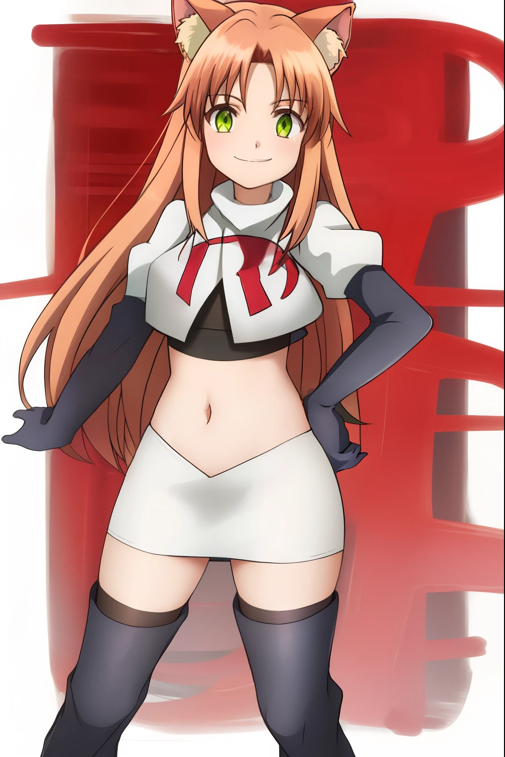 kanade, anime art style, 1girl, solo, long_hair, breasts, looking_at_viewer, smile, bangs, brown_hair, ribbon, animal_ears, very_long_hair, closed_mouth, green_eyes, hair_ribbon, cat_ears, red_ribbon, animal_ear_fluff, team rocket, team rocket uniform, red letter R, white skirt, white crop top, black thigh-high boots, black elbow gloves,