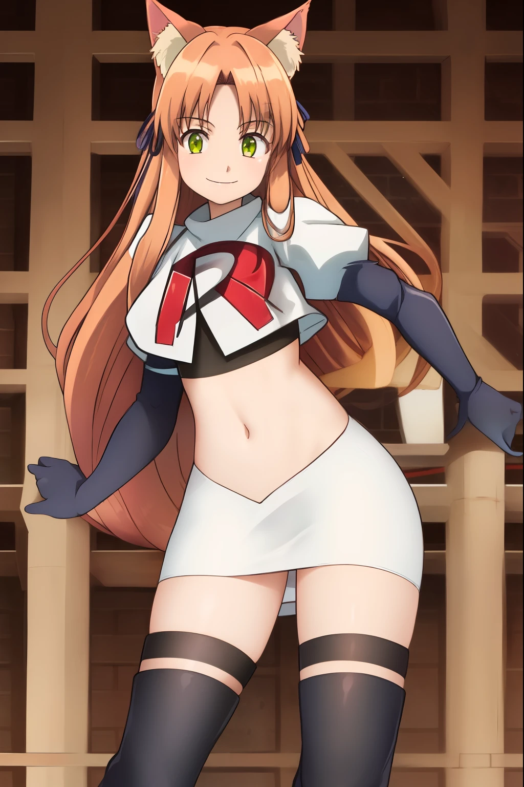 kanade, anime art style, 1girl, solo, long_hair, breasts, looking_at_viewer, smile, bangs, brown_hair, ribbon, animal_ears, very_long_hair, closed_mouth, green_eyes, hair_ribbon, cat_ears, red_ribbon, animal_ear_fluff, team rocket, team rocket uniform, red letter R, white skirt, white crop top, black thigh-high boots, black elbow gloves,
