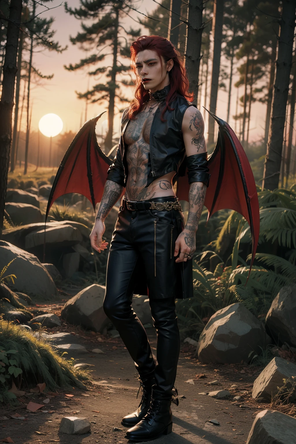 Demon man, handsome, pointed ears, 18 years old, vampire fangs, demon wings, dark style, background of a sunset forest, tattoos, red ayes, red hair, full body, vampire rock style