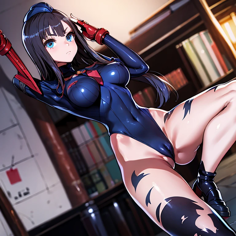 ultra-detailed, Explicit, Beautiful body, Beautiful Nose, Beautiful character design, perfect eyes, perfect face, ultra highres, 4K, beautiful legs, perfect legs, Nice hands, Perfect hand, Masterpiece, Best Quality, Highly detailed, illustration, absurdres, street fighter, doll suit, shadaloo doll, dollsuit, expressionless, blank eyes, looking at viewer, red gloves, emotionless, black latex, corrution, mind control, female combatant, full body, hypnotized, unhappy trance, full body suit, ribbed bodysuit, both arms at side, obey, perfect female body, extremely glossy latex, hypnosis, hypnoLora, empty eyes, Mind control device, poses, submissive_pose, Slave, hat, necktie, stand up straight, standing, standing at attention, hat, necktie, belt, latex, ribbed bodysuit, thighhighs, garter belt, Fighting Stance, extending the right arm from the shoulder into the air with a straightened hand, nazi saluting, military, military saluting, salute, thigh boots, 1girl, Blue reflection, blue eyes, kasuga shiho, black hair, long hair, asanagi style