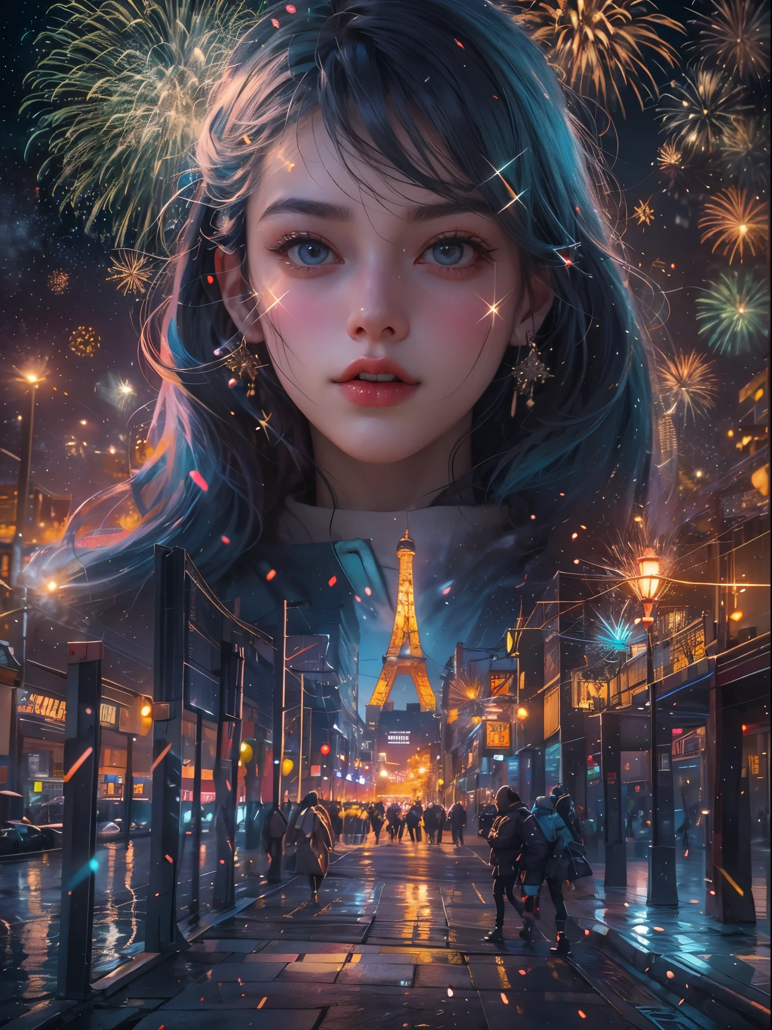(tmasterpiece),(ultra - detailed:1.3),Best quality,(sparkling fireworks:1.2),(new year,concert celebration:1.4),(at winter season,Men and women wearing couple's down jackets: 1.5), gorgeous color,crowd of,As estrelas,(river bank),(city night scene,skyscrapper:1.8), A world of dreams, Cute design style, Grand celebration,brilliant colorful,Joyful mood,Fireworks explode,Festive atmosphere,permanent memory,vibrant with colors、Just the right color,1.4x more realism,hyper HD,All shown in this beautiful scene,(The content is very detailed,Reasonable design,Clear lines,High- sharpness,tmasterpiece,offcial art,movie light effect,8K)