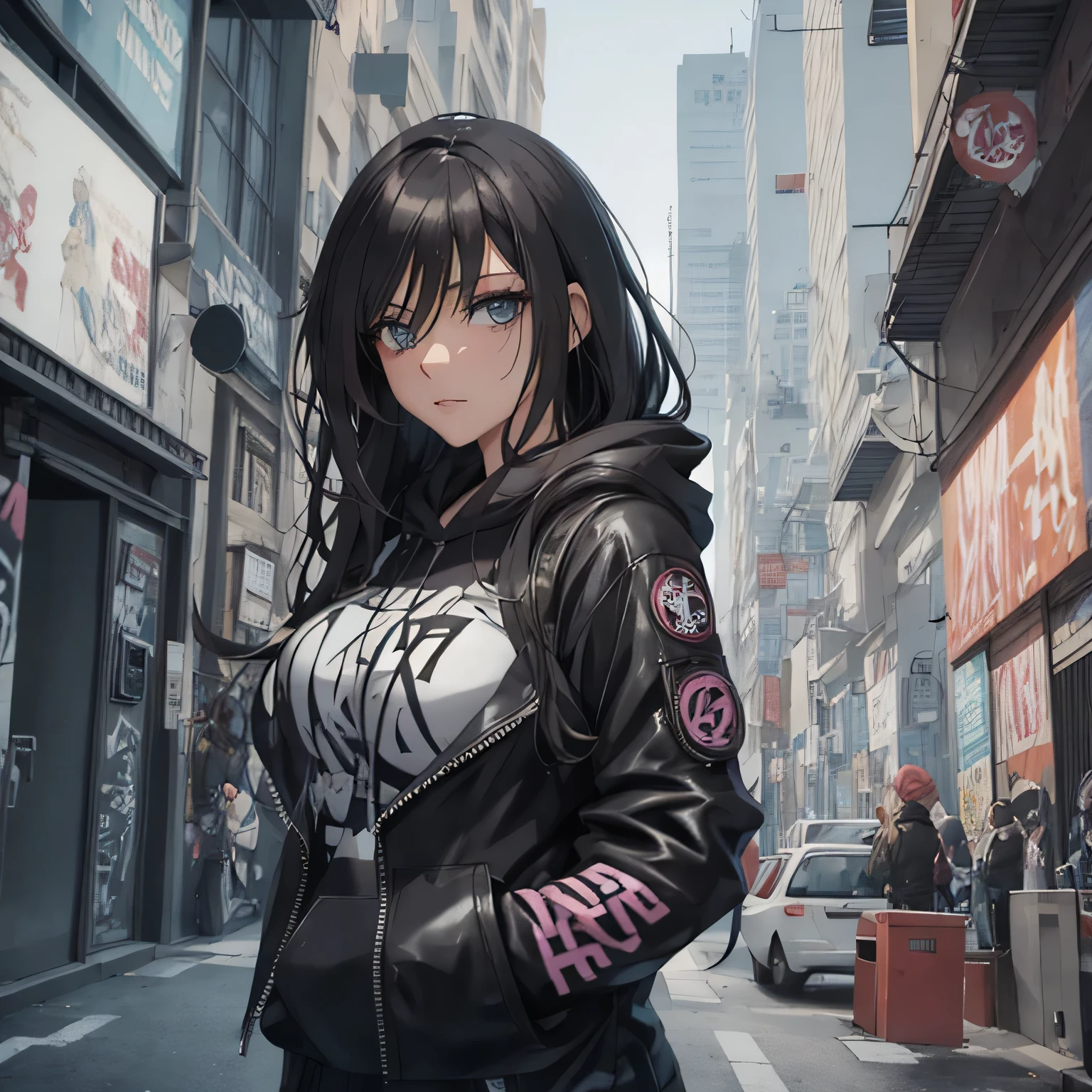 garota anime com longos cabelos pretos e olhos azuis em uma rua da cidade, badass anime 8 k, estilo anime 4K, Jet Black Haired Cyberpunk Menina, garota anime cyberpunk, female garota anime cyberpunk, garota anime cyberpunk in hoodie, arte digital do anime cyberpunk, Anime cyberpunk moderno, Anime Wallpaper 4k, 4k anime wallpapers, arte cyberpunk anime, Papel de parede anime 4k