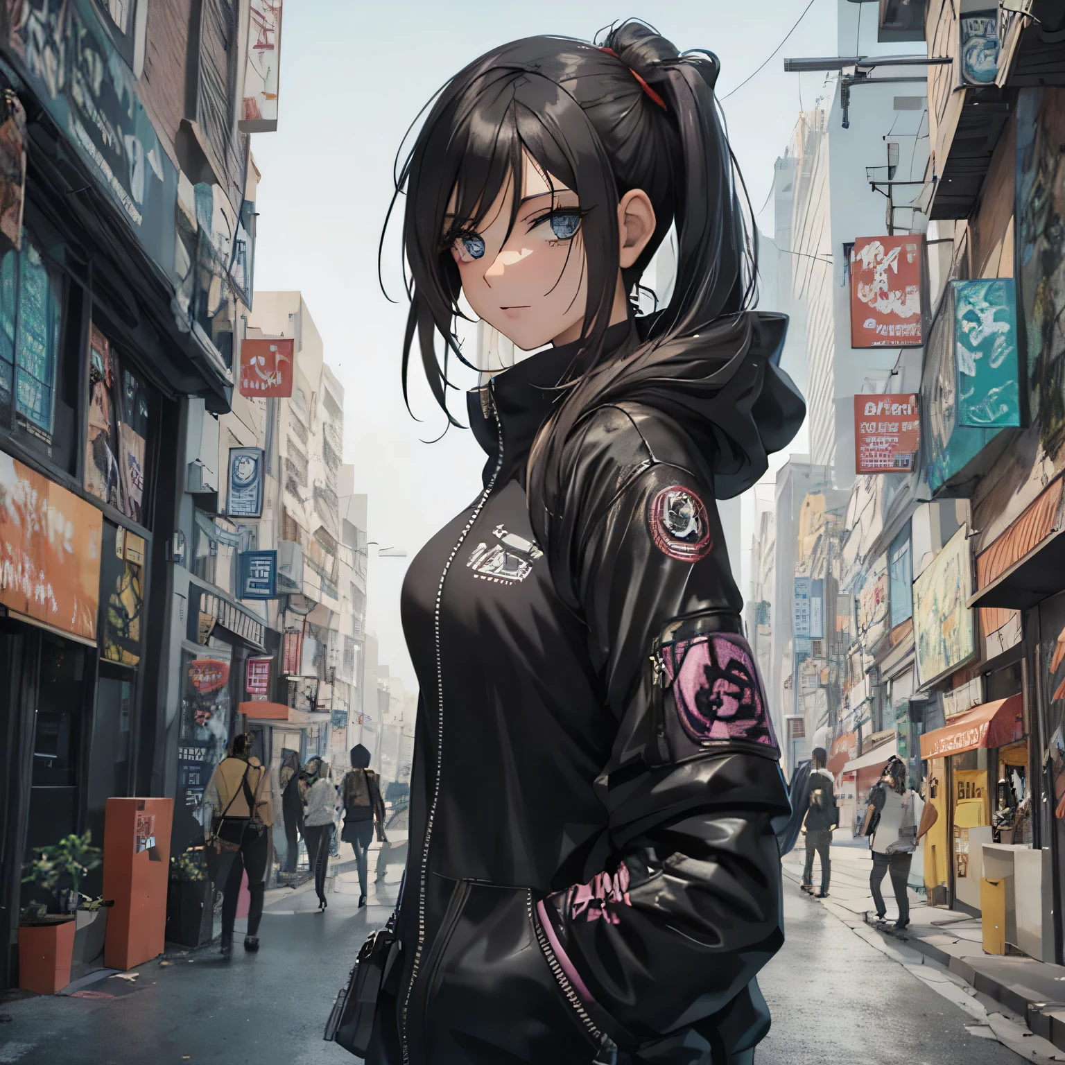 garota anime com longos cabelos pretos e olhos azuis em uma rua da cidade, badass anime 8 k, estilo anime 4K, Jet Black Haired Cyberpunk , garota anime cyberpunk, female garota anime cyberpunk, garota anime cyberpunk in hoodie, arte digital do anime cyberpunk, Anime cyberpunk moderno, Anime Wallpaper 4k, 4k anime wallpapers, arte cyberpunk anime, Papel de parede anime 4k