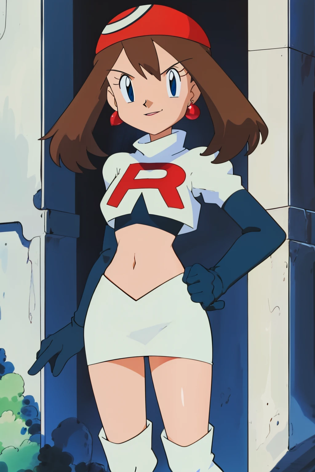 masterpiece, best quality, highres, outdoors, 1girl, solo, may (pokemon),  glossy lips, earrings ,team rocket uniform, red letter R, white skirt,white crop top,black thigh-high boots, black elbow gloves, evil smile, looking at viewer, cowboy shot