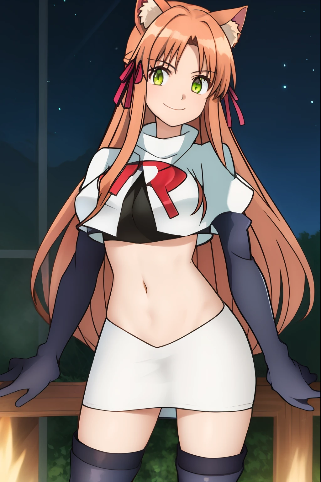 kanade, anime art style, 1girl, solo, long_hair, breasts, looking_at_viewer, smile, bangs, brown_hair, ribbon, animal_ears, very_long_hair, closed_mouth, green_eyes, hair_ribbon, cat_ears, red_ribbon, animal_ear_fluff, team rocket, team rocket uniform, red letter R, white skirt, white crop top, black thigh-high boots, black elbow gloves,