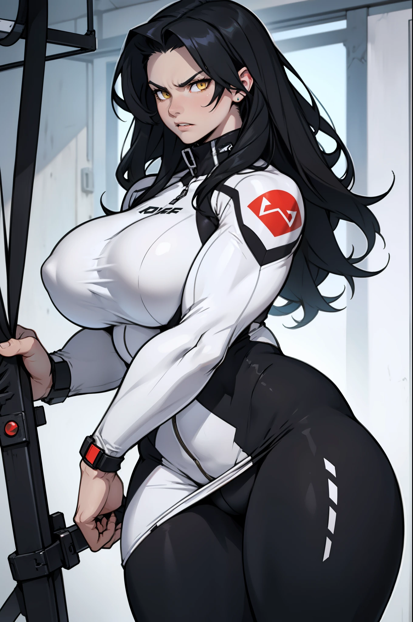 best quality best quality best quality black hair yellow eyes pale skin muscular huge greasts thick thighs angry solo extremely long hair girl body suit highly detailed highly detailed thick thick