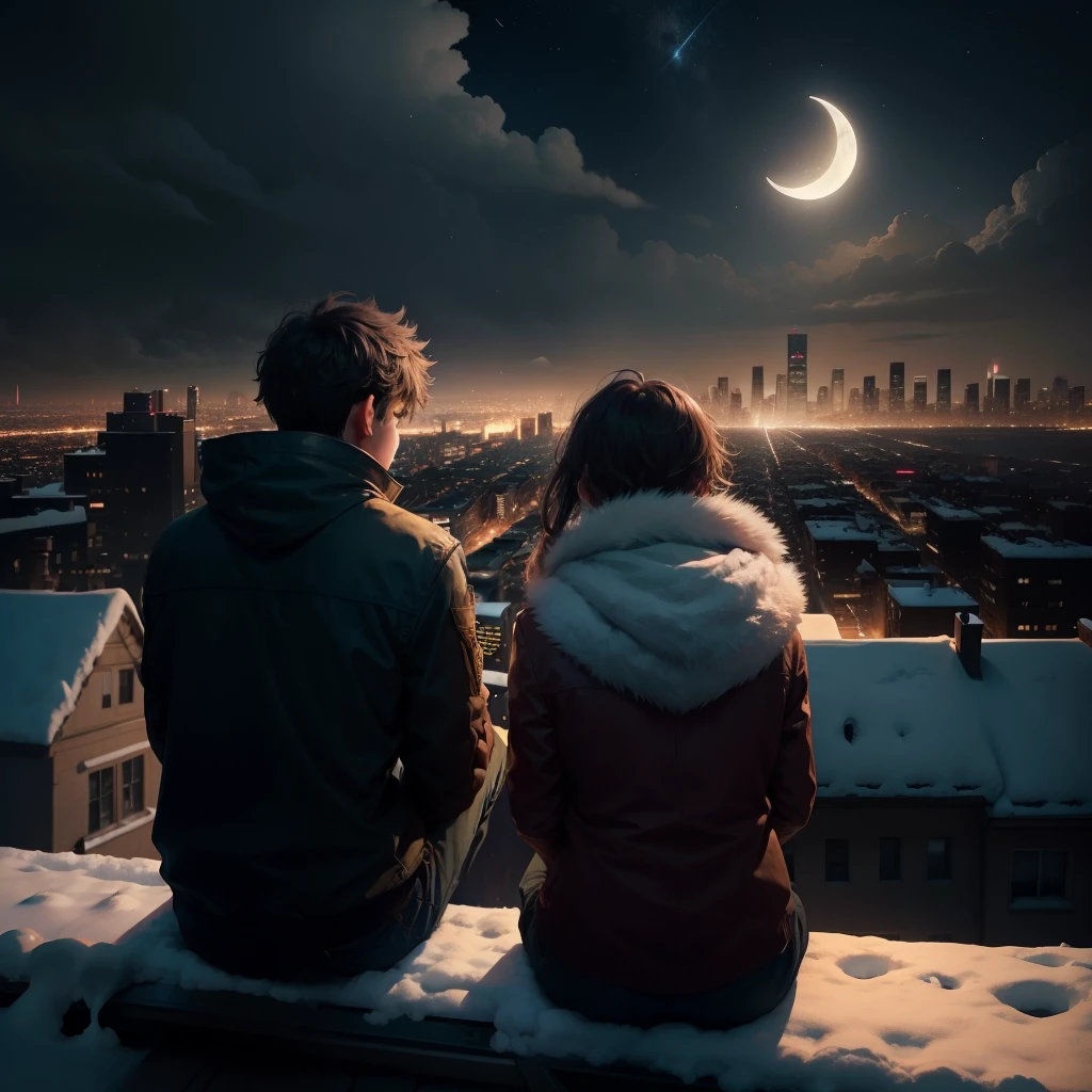 a boy and a girl sitting on the roof look at the snowy city, night city, city lights, stars, moon, some clouds, roaring and melancholy atmosphere.