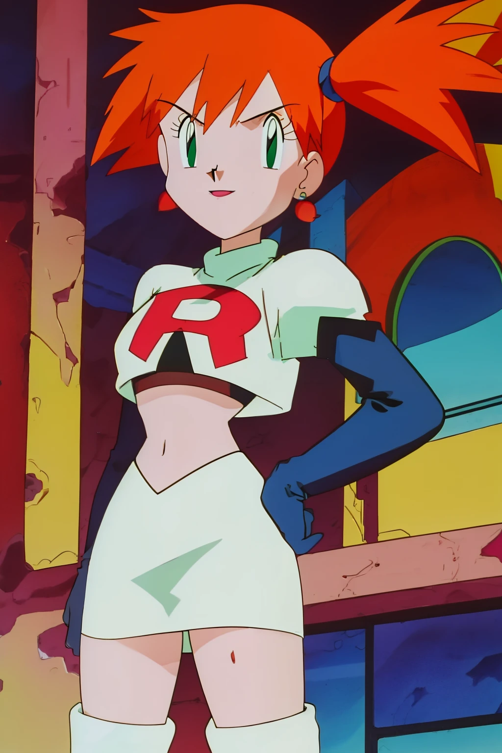 misty (pokemon), green eyes ,1girl, solo, side ponytail, orange hair, glossy lips, earrings ,team rocket uniform, red letter R, white skirt,white crop top,black thigh-high boots, black elbow gloves, evil smile ,looking at viewer, cowboy shot, team rocket building in the background