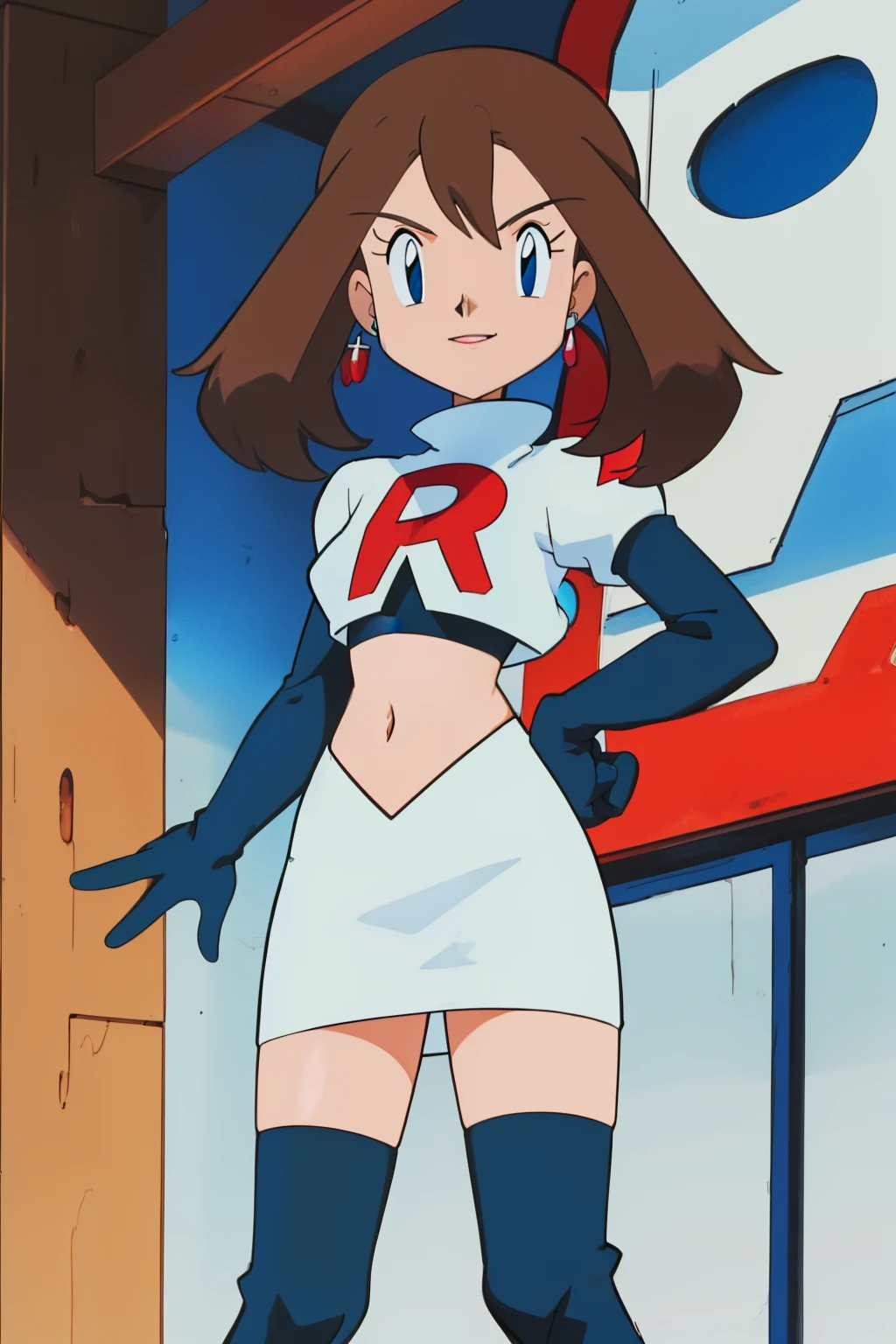 masterpiece, best quality, highres, outdoors, 1girl, solo, may (pokemon),  glossy lips, earrings ,team rocket uniform, red letter R, white skirt,white crop top,black thigh-high boots, black elbow gloves, evil smile, looking at viewer, cowboy shot