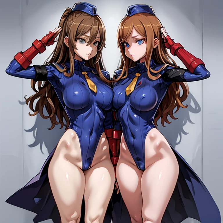 ultra-detailed, Explicit, Beautiful body, Beautiful Nose, Beautiful character design, perfect eyes, perfect face, ultra highres, 4K, beautiful legs, perfect legs, Nice hands, Perfect hand, Masterpiece, Best Quality, Highly detailed, illustration, absurdres, street fighter, doll suit, shadaloo doll, dollsuit, expressionless, blank eyes, looking at viewer, red gloves, emotionless, black latex, corrution, mind control, female combatant, full body, hypnotized, unhappy trance, full body suit, ribbed bodysuit, both arms at side, obey, perfect female body, extremely glossy latex, hypnosis, hypnoLora, empty eyes, Mind control device, poses, submissive_pose, Slave, hat, necktie, stand up straight, standing, standing at attention, hat, necktie, belt, latex, ribbed bodysuit, thighhighs, garter belt, Fighting Stance, extending the right arm from the shoulder into the air with a straightened hand, nazi saluting, military, military saluting, salute, thigh boots, 1girl, konosuba, brown eyes, wiz, brown hair, long hair, asanagi style, large breast