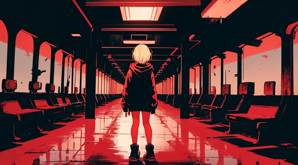 (1 girl, back view of a girl, blonde hair, big black hoodie, she has a bloody knife), (abandoned amusement park, late night, red moon), (low contrast, flat color, limited palette)