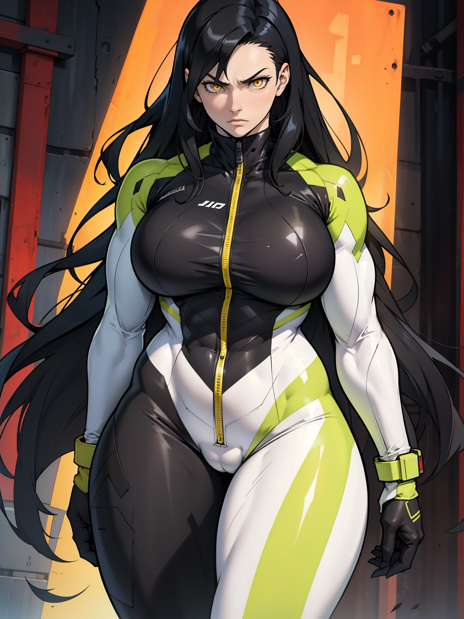 best quality best quality best quality black hair yellow eyes pale skin muscular huge greasts thick thighs angry solo extremely long hair girl body suit highly detailed highly detailed thick thick