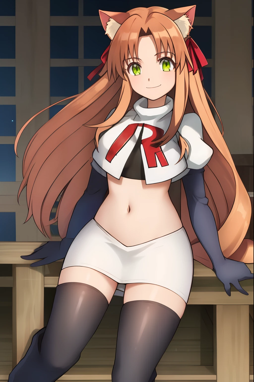kanade, anime art style, 1girl, solo, long_hair, breasts, looking_at_viewer, smile, bangs, brown_hair, ribbon, animal_ears, very_long_hair, closed_mouth, green_eyes, hair_ribbon, cat_ears, red_ribbon, animal_ear_fluff, team rocket, team rocket uniform, red letter R, white skirt, white crop top, black thigh-high boots, black elbow gloves,