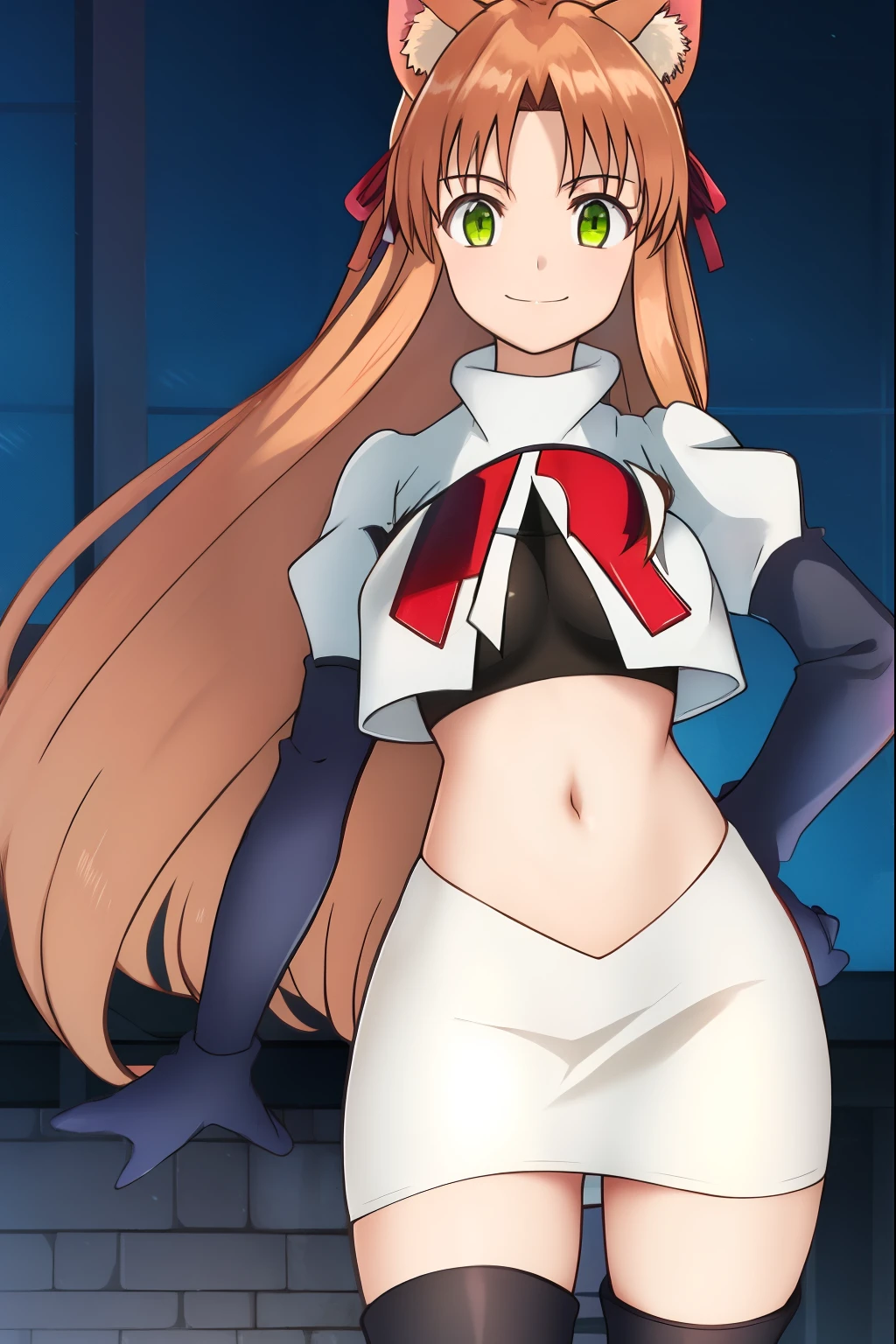 kanade, anime art style, 1girl, solo, long_hair, breasts, looking_at_viewer, smile, bangs, brown_hair, ribbon, animal_ears, very_long_hair, closed_mouth, green_eyes, hair_ribbon, cat_ears, red_ribbon, animal_ear_fluff, team rocket, team rocket uniform, red letter R, white skirt, white crop top, black thigh-high boots, black elbow gloves,