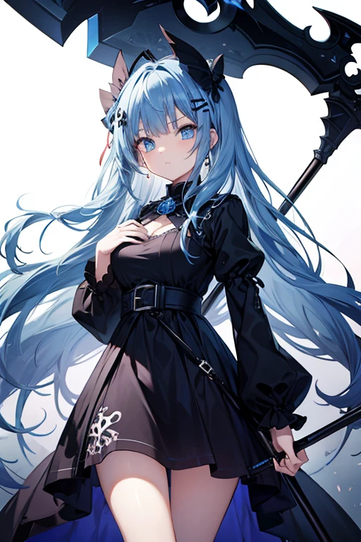 1girl, 18 years old, long blue hair, blue eyes, blue dip hem dress, princess death, holding scythe, momento mori hair clip, serious.