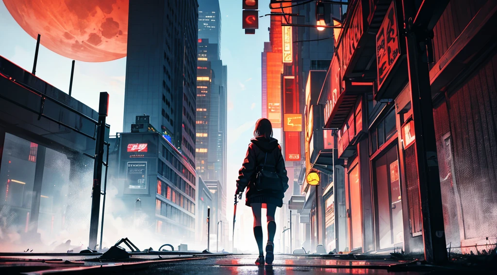 (1 girl, back view of a girl, blonde hair, big black hoodie, she has a bloody knife), (abandoned amusement park, late night, red moon), (low contrast, flat color, limited palette)
