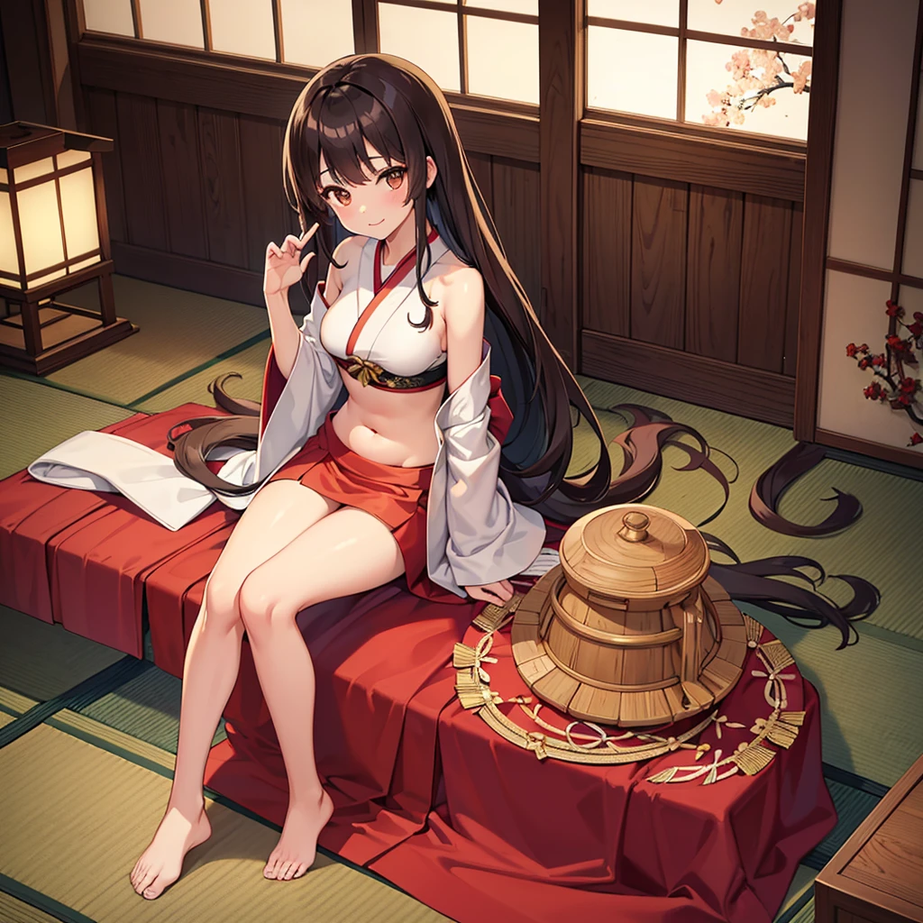 High-quality, High-resolution, Anime, Warm main color, Overhead camera angle, Exposing only the belly and navel, Facing forward, Beautiful woman, Warm indirect lighting, New Year's preparation tools, Unknown nationality, Seated in a traditional room, Calm sitting pose, Beautiful facial features, Gentle smiling expression, Long hair visible from the navel, Brown hair, Wearing a traditional outfit (kimono), Detailed eyes, Calm mouth expression, Brown eyes, Smooth skin texture, Exposing only the belly and navel, Moderate bust size, Young, Slim body type, Subtle sensuality, No accessories, New Year's decoration tools, Barefoot, Intricate embroidery on the kimono, No surrounding animals or pets, Warm Japanese-style room, Tatami flooring background, Fireplace lighting, Traditional Japanese architecture, Snowy landscape visible through the window, Clear winter weather, Daytime, Calm and warm atmosphere, (The background is rich and delicate)