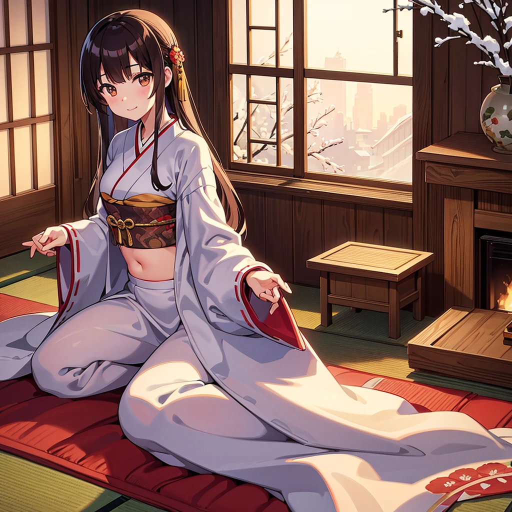 High-quality, High-resolution, Anime, Warm main color, Overhead camera angle, Exposing only the belly and navel, Facing forward, Beautiful woman, Warm indirect lighting, New Year's preparation tools, Unknown nationality, Seated in a traditional room, Calm sitting pose, Beautiful facial features, Gentle smiling expression, Long hair visible from the navel, Brown hair, Wearing a traditional outfit (kimono), Detailed eyes, Calm mouth expression, Brown eyes, Smooth skin texture, Exposing only the belly and navel, Moderate bust size, Young, Slim body type, Subtle sensuality, No accessories, New Year's decoration tools, Barefoot, Intricate embroidery on the kimono, No surrounding animals or pets, Warm Japanese-style room, Tatami flooring background, Fireplace lighting, Traditional Japanese architecture, Snowy landscape visible through the window, Clear winter weather, Daytime, Calm and warm atmosphere, (The background is rich and delicate)