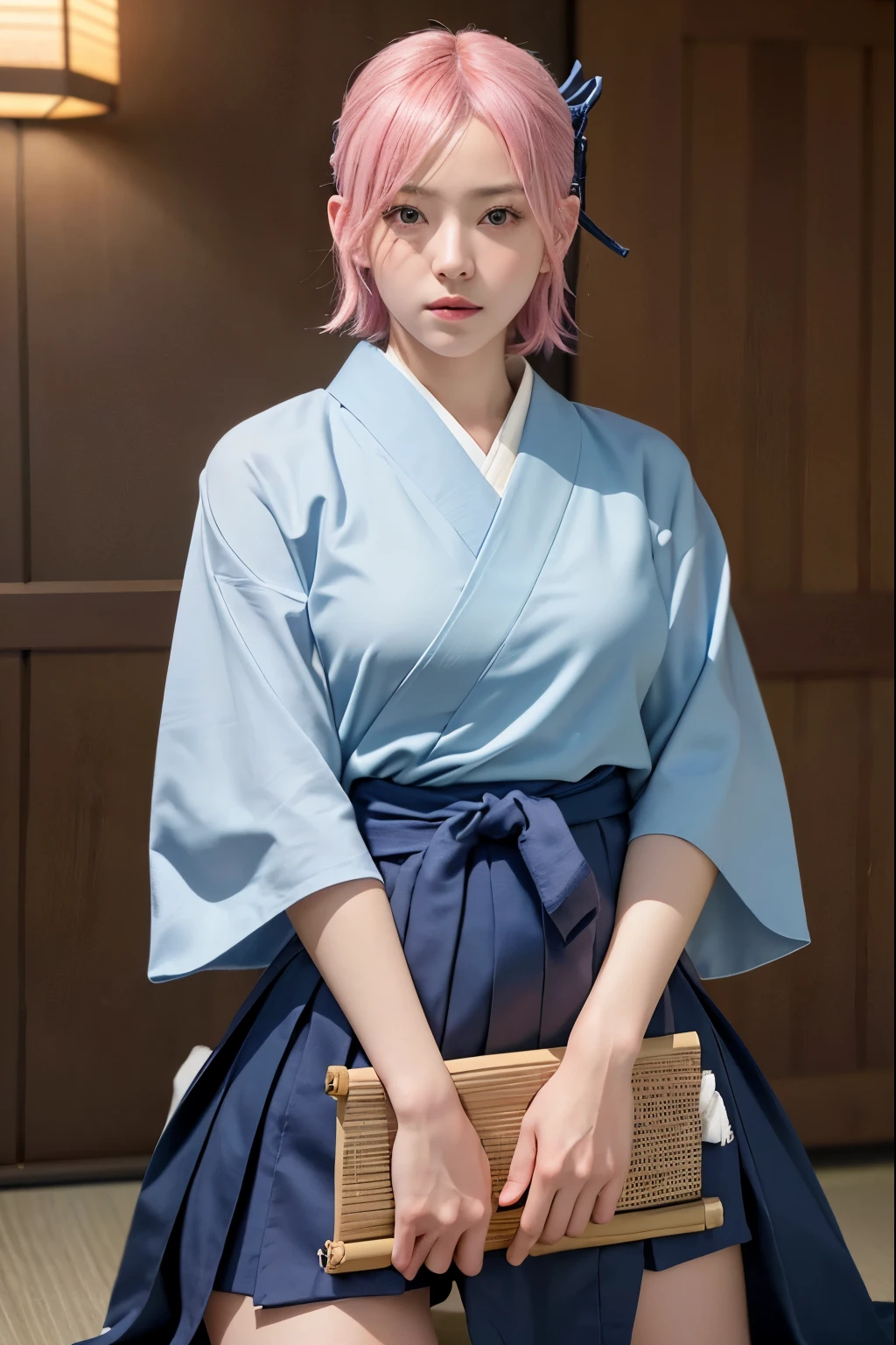 (8K, top-quality, masterpiece:1,2), (reallistic, Photorealsitic:1.37), Super Detail, One girl,), (Highly detailed), (beautifully detailed eyes), (of the highest quality), (super detailed ), (masterpiece), (Detailed face),20yr old, ,1 girl, full body, pink hair,Very short hair, medium breasts, clothed, Perfect Lighting, pussy and breast focus, looking at viewer, aroused face, naughty face, Kendo, dojo, holding shinai, shinai, ((dark blue hakama, dark blue body armor, dogi, kendo uniform, kendo white bandana wrapped around head))