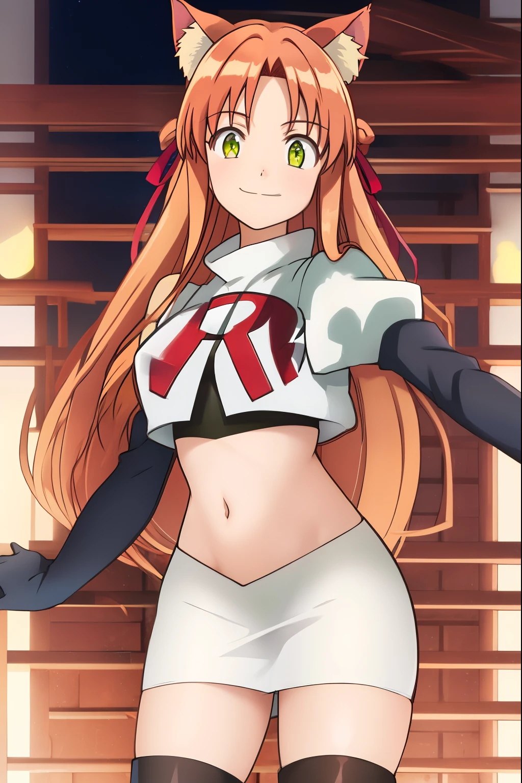 kanade, anime art style, 1girl, solo, long_hair, breasts, looking_at_viewer, smile, bangs, brown_hair, ribbon, animal_ears, very_long_hair, closed_mouth, green_eyes, hair_ribbon, cat_ears, red_ribbon, animal_ear_fluff, team rocket, team rocket uniform, red letter R, white skirt, white crop top, black thigh-high boots, black elbow gloves,