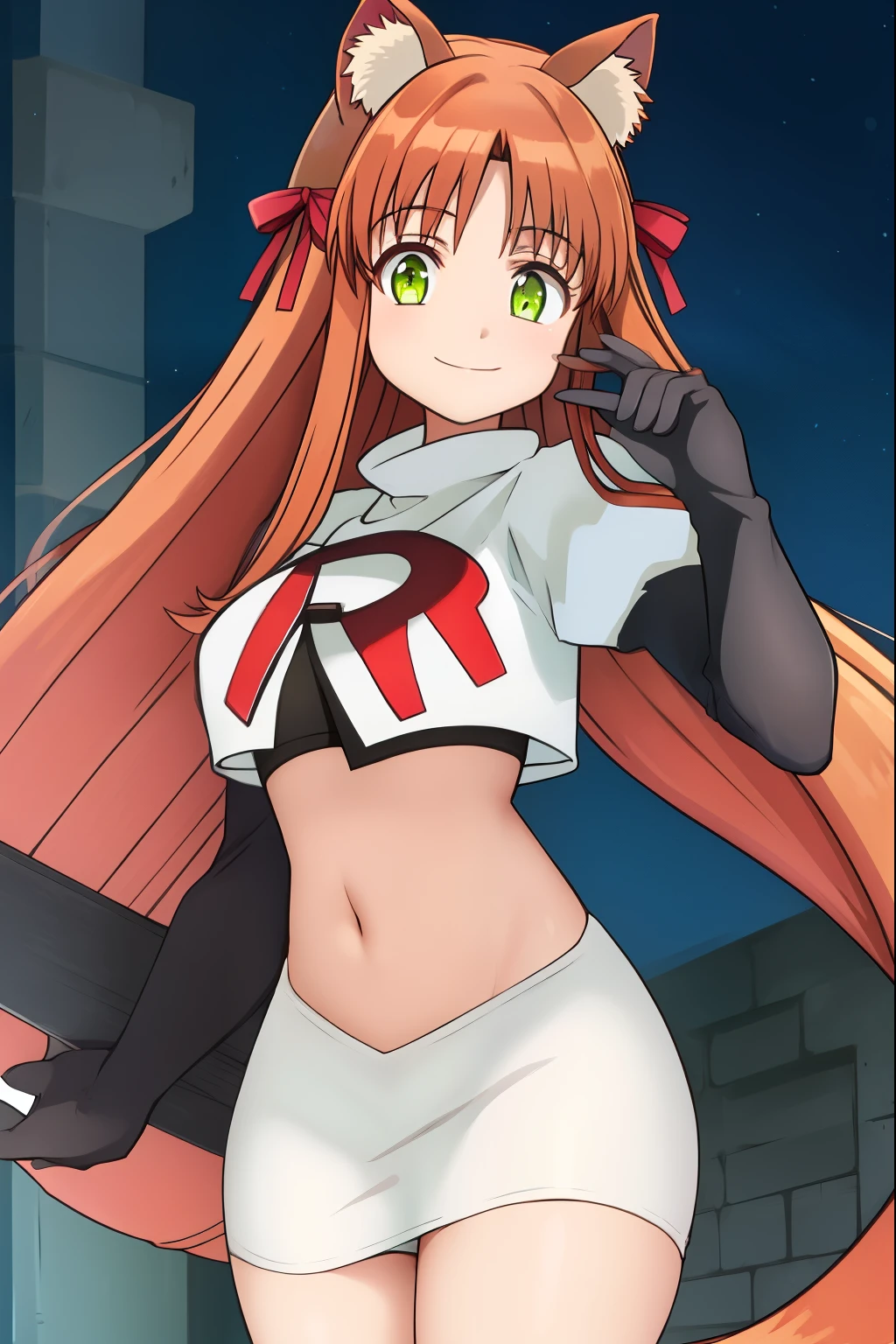 kanade, anime art style, 1girl, solo, long_hair, breasts, looking_at_viewer, smile, bangs, brown_hair, ribbon, animal_ears, very_long_hair, closed_mouth, green_eyes, hair_ribbon, cat_ears, red_ribbon, animal_ear_fluff, team rocket, team rocket uniform, red letter R, white skirt, white crop top, black thigh-high boots, black elbow gloves,