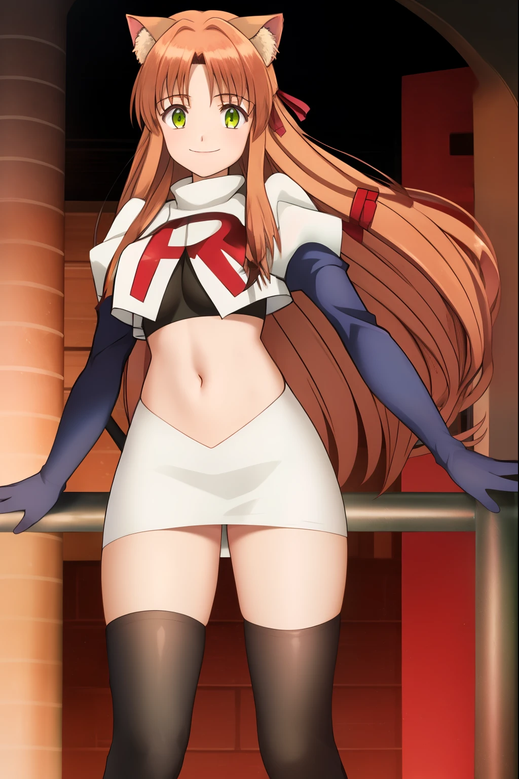 kanade, anime art style, 1girl, solo, long_hair, breasts, looking_at_viewer, smile, bangs, brown_hair, ribbon, animal_ears, very_long_hair, closed_mouth, green_eyes, hair_ribbon, cat_ears, red_ribbon, animal_ear_fluff, team rocket, team rocket uniform, red letter R, white skirt, white crop top, black thigh-high boots, black elbow gloves,