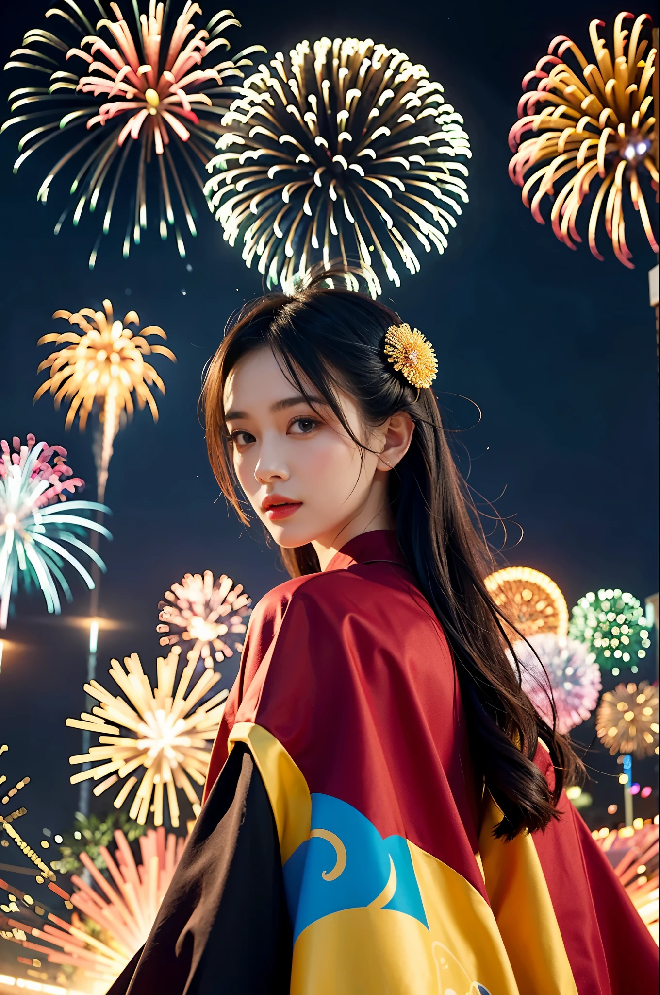 (tmasterpiece,top Quority,best qualtiy,offcial art,Beauty and aesthetics:1.2),(1girl),solo,new year atomosphere,Chinese buildingtremely detailed,(s fractal art:1.3),extremely colorful,Most detailed,Fireworks explode in the sky , The fireworks are huge,Spectacular fireworks display.