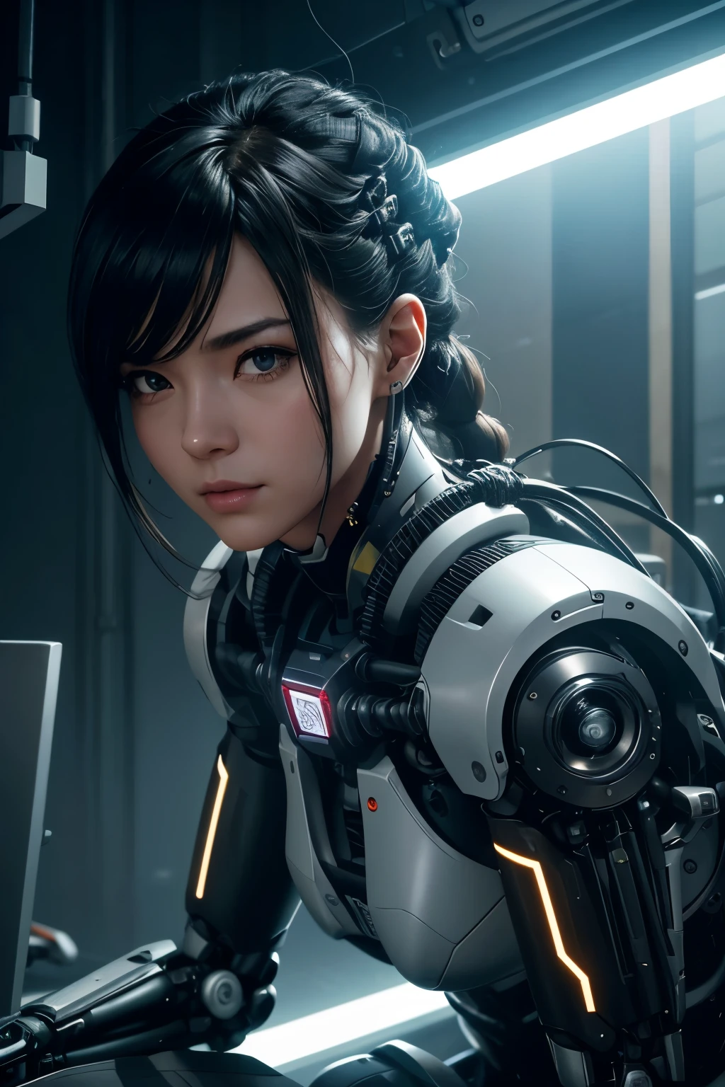 Intelligent bionic robot、Homem de cabelo curto com cabelo preto、cyborg robot parts、cable electric wires、microchips、corpo delicado,bright studio、hiperfotorrealismo、alto detalhe、detalhes intrincados、soft-lighting、luzes de aro、rendering by octane、Unreal Engine 5 renderiza、Mechanical public enemy style、8k、qualidade superior、obra prima、ISO baixo、White balance、High key lighting、Cria um, Graceful feel with a shallow depth of field,超A high resolution,Cyberpunk.Connected to a large number of cables,Em processo de ser feito,