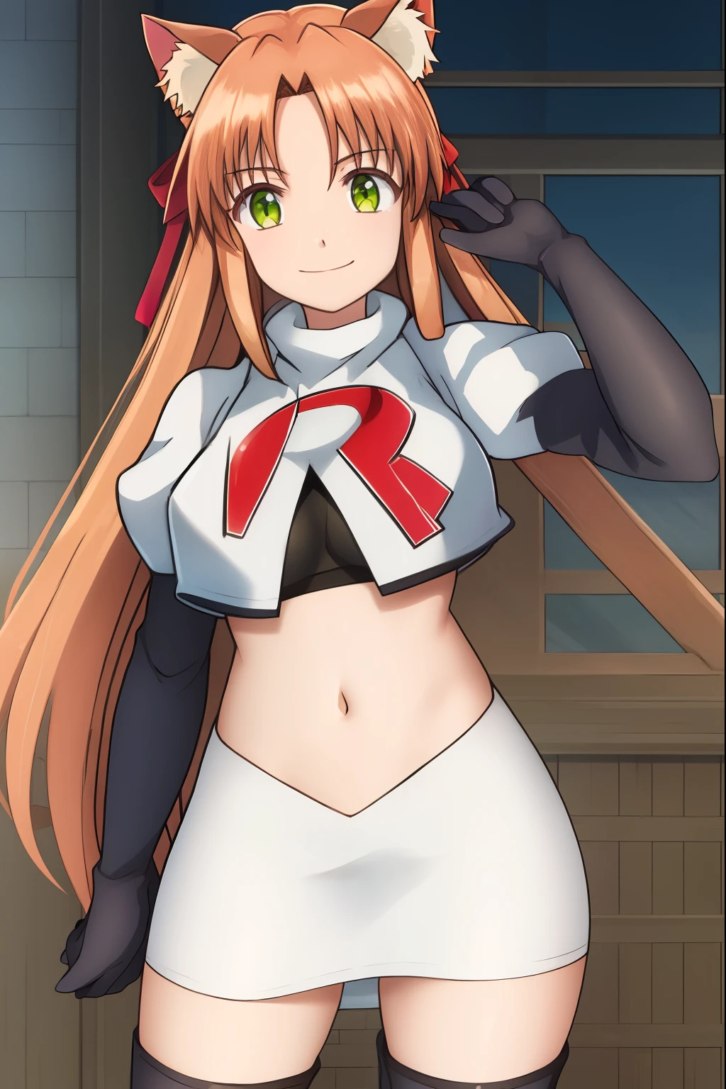 kanade, anime art style, 1girl, solo, long_hair, breasts, looking_at_viewer, smile, bangs, brown_hair, ribbon, animal_ears, very_long_hair, closed_mouth, green_eyes, hair_ribbon, cat_ears, red_ribbon, animal_ear_fluff, team rocket, team rocket uniform, red letter R, white skirt, white crop top, black thigh-high boots, black elbow gloves,