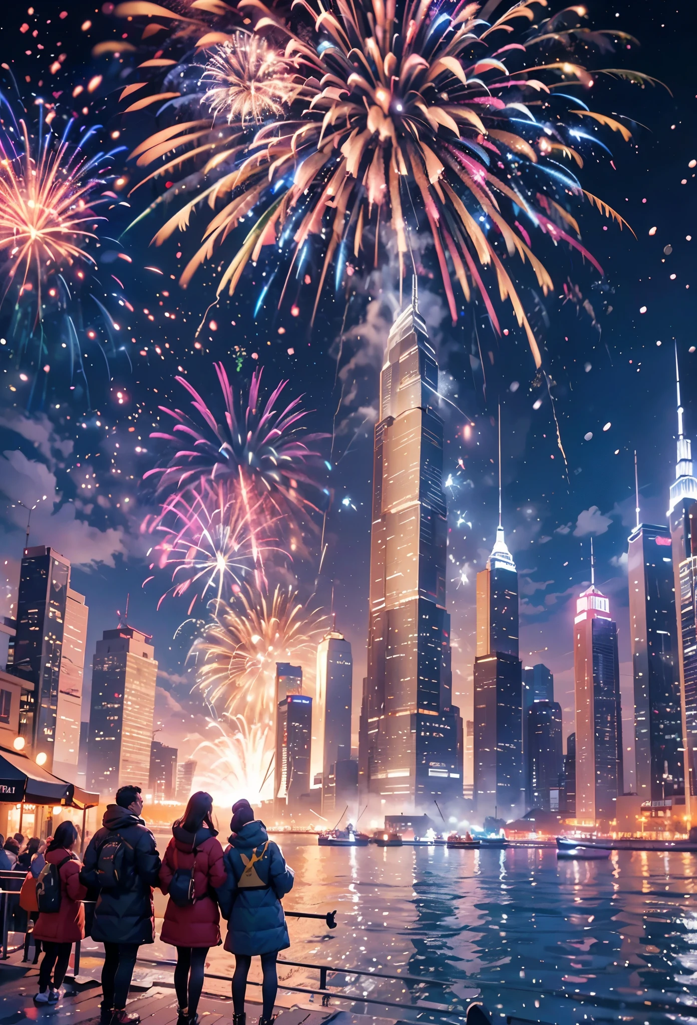 (tmasterpiece),(ultra - detailed:1.3),Best quality,(sparkling fireworks:1.2),(new year,concert celebration:1.4),(at winter season,Men and women wearing couple's down jackets: 1.5), gorgeous color,crowd of,As estrelas,(river bank),(city night scene,skyscrapper:1.8), A world of dreams, Cute design style, Grand celebration,brilliant colorful,Joyful mood,Fireworks explode,Festive atmosphere,permanent memory,vibrant with colors、Just the right color,1.4x more realism,hyper HD,All shown in this beautiful scene,(The content is very detailed,Reasonable design,Clear lines,High- sharpness,tmasterpiece,offcial art,movie light effect,8K)