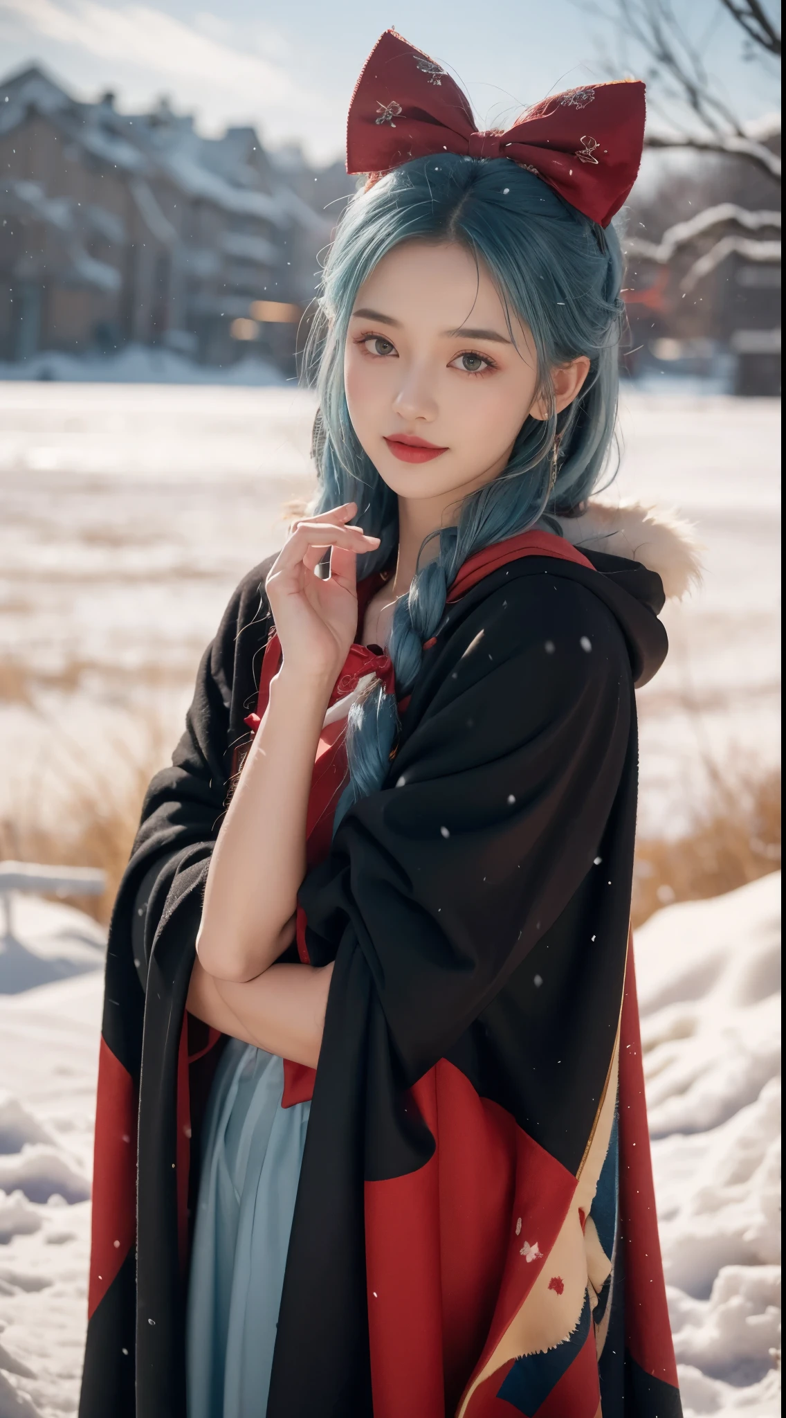 1 girl,hoody,fur cape,Blue hair,ssmile,Lolita costume,Extra-long hair,Red bow hair ornament,The content is very detailed,center frame,Focus sharp,城市,natta,snow field,Blizzarding,luring,8K,tmasterpiece,winning artwork,
