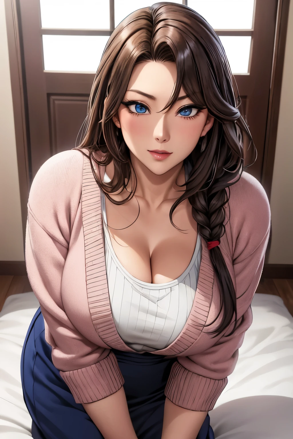 masutepiece, (Best Quality), 1womanl,1girl in ,akiko_minase, Long hair, Brunette hair, Blue eyes, braid, single braid, Hair intake, hair over shoulder, (maturefemale), Skirt, Sweaters, Cardigan, house wife, Sexy Woman, , blush vibrant colors ,,Natural lighting ,nffsw, hair between eye , Beautiful, (Detailed face:1.2), showcase, (Perfect eyes:1.1) ,(Photorealistic:1.1), 8K UHD, Looking at Viewer, indoorcircular、big eye